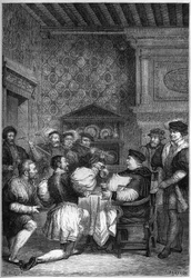 THOMAS CARDINAL WOLSEY (1475? -1530) PALVELEE PÖÖDÄSSÄ AATELIT JA HERRAT - THOMAS WOLSEY (1475? -1530) palvelivat polvillaan hänen korkeimman tason miehet - kaiverrus "L