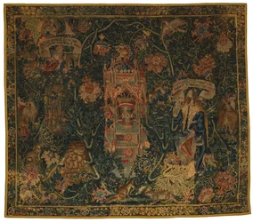 Tapestry, Jumala, Isä ilmestyy Moosekselle (yksi kuudesta Sibylistä, jotka sisältävät 46.134-46.139), nimeltään "Rothamsted Tapestries", valmistettu Flanderissa, Tourneissa tai Brysselissä, Belgiassa, noin 1530 (villa)