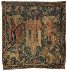 Tapestry, Sibylla Hellespontica ja Phrygia (yksi kuuden Sibylin sarjasta, joka koostuu 46.134-46.139), nimeltään "Rothamsted Tapestries", valmistettu Flanderissa, Tournaissa tai Brysselissä, Belgiassa, noin 1530 (villa)