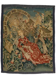 Kuvakudos, joka kuvaa kahta kohtausta Der Busantin "Härra" -elokuvasta, Alsace, n. 1475-1500 (villa-, silkki- ja metallilangat)