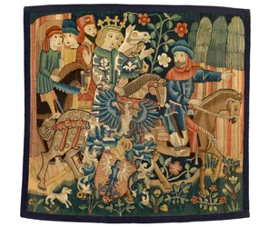 Kuvakudos, jossa on Ranskan kuningatar ja epälojaali marsalkka, kuvaa keskikorkeaa saksalaista runoa "Die Konigin von Frankreich..... Marshall", mahdollisesti Strasbourgista, n. 1495-1500 (villaa ja pellavaa)