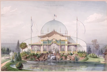 Teltta ja iso kasvihuone Pariisin yleisnäyttelyn puutarhassa 1867 (akvarelli paperille)