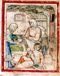 Thamar (Tamar) synnyttää kaksi kaksoset, Peretsin ja Zerahin, Juudan pojan. Miniatyyri koodista 212 (tai padovano-koodeksi tai Padovan Raamattu) 1390-1400