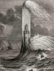 John Rudyardin rakentama 1700-luvun Eddystonen majakka, Eddystone Rocksissa lähellä Rame Headia, Englannissa, Les Merveilles de la Science -julkaisusta, julkaistu n. 1870 (kaiverrus)