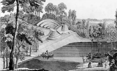 Claremontin amfiteatteri, 6 liigaa Lontoosta, teoksesta Details des Nouveaux Jardins a la Mode, George Louis le Rouge, julkaistu n. 1770-87