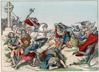 Poitiersin taistelun 25. lokakuuta 732 voitti Charles Martel - Poitiersin taistelu, 25. lokakuuta 732, voitti Charles Martel (688-741) - Kaiverrus 1800-luvun lopusta kirjassa "" Nos Gires Nationales - Images et recits ””
