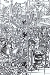 Tolbiacin taistelu ja kuningas Kloviksen kaste, vuodelta 1516 peräisin oleva "Mirouer Historial de France".