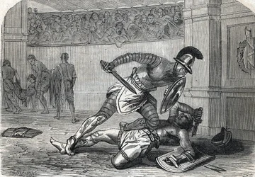 Gladiaattorien taistelu areenalla (kaiverrus) 1864