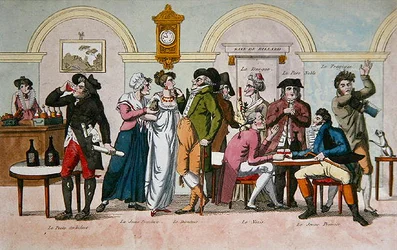 Cafe des Comediens Pariisissa 1800-luvun alussa (värikaiverrus).