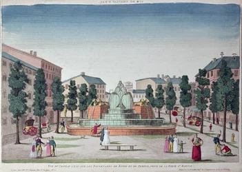 Chateau dEau -suihkulähde Boulevard du Temple -kadulla, Pariisi (värikaiverrus)