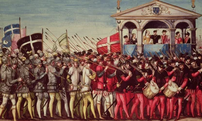 Rumppailijoiden ja sotilaiden ryhmä Henri II:n (1519-59) Royal Entry Festivalissa Roueniin 1. lokakuuta 1550