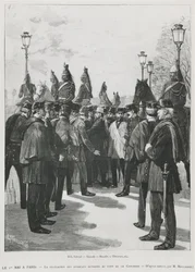 Ammattiyhdistysten valtuuskunta Pont de la Concordessa 1. toukokuuta Pariisissa pidetyssä mielenosoituksen aikana 1. toukokuuta 1890, kaiverrus L. Moulignie, rengraavi)