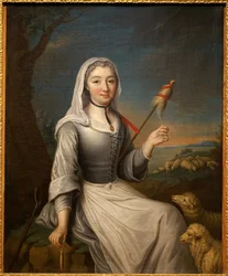Villarsin herttuatar (?) bergereessä pitelee kassata. Ranskalainen maalaus, öljy kankaalle, 80 x 63,6 cm, 1700-luvun ensimmäinen puolisko. Musee de Tesse, Le Mans.