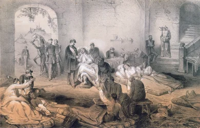 Keisari Napoleon III vierailee haavoittuneiden sotilaiden luona Solferinon taistelun jälkeen, 24. kesäkuuta 1859