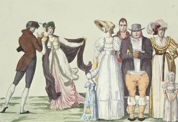 Englantilainen perhe Pariisissa, kuva Le Supreme Bon Tonista, n. 1815