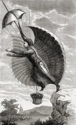 Lentävä mies, kaiverrettu Nicolas Edme Restif de la Bretonnen mukaan teoksesta Wonderful Balloon Ascents or the Conquest of the Skies, kirjoittanut Fulgence Marion, julkaistu noin vuonna 1870