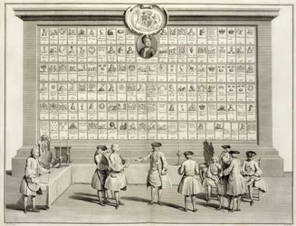 Vapaamuurarit ja eri loosien tunnukset, teoksesta Uskonnon ja tapojen seremoniat, n. 1733