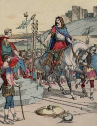Gallialainen päällikkö Vercingetorix (72-46 eaa.) antautuu roomalaiselle sotapäällikölle Julius Caesarille (100-44 eaa.) Alesian taistelun jälkeen vuonna 52 eaa.