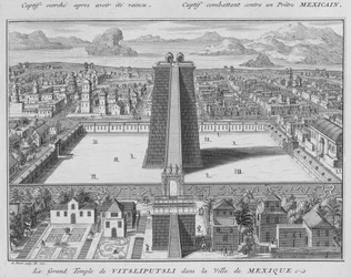 Suuri Vitsliputslin temppeli Mexico Cityssä, kuvitus uskonnollisista seremonioista ja tavoista, kaiverrus Bernard Picart (1673-1733) 1722