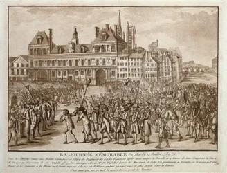 Launayn ja Flessellesin päämiehet rantautuivat Hotel de Villen eteen 14. heinäkuuta 1789