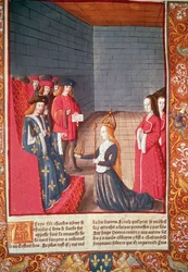 Pyhän Rooman keisarinna Richilde Provencesta Compiegnessa esittelemässä Ludvig Stammererille kruunun ja valtikka, jotka olivat kuuluneet hänen isälleen Charles II:lle "kalju", A. Verardin painamasta Chroniques de Francesta.