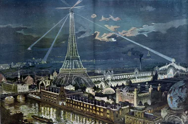 Marskentän palatsin valaistus Eiffel-torniin sijoitetuilla valonheittimillä Pariisin näyttelyn aikana
