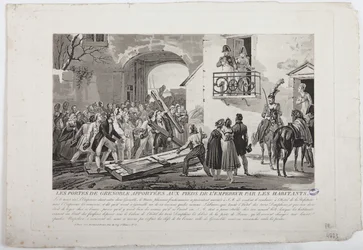 Asukkaat asettavat Grenoblen portit keisarin jalkoihin, 6. maaliskuuta 1815, julkaisija Martinet, 1815