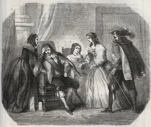 Ranskan kuningas Ludvig XIII (1601-1643) saa migreenin puhuessaan Itävallan kuningatar Annelle (1601-1666). Kaiverrus vuodelta 1871 Henry de Kockin (1819-1892) teokseen "Histoire Des Cocus Celebres".