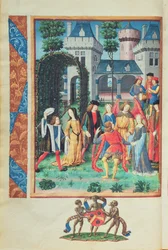 Taikapuutarha, jossa on allegorisia kohteliaisuuden, rakkauden, kauneuden ja vapauden hahmoja Roman de la Rosesta (guassi pergamentilla)
