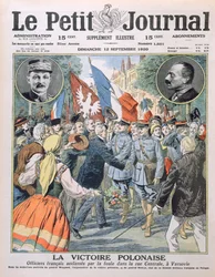 Puolan voitto, ranskalaiset upseerit väkijoukon ylistämänä Varsovan Central Streetillä, Le Petit Journalin kansikuva, 12. syyskuuta 1920