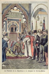 Ranskan tasavallan presidentti Emile Loubet (1838-1929) vierailemassa Sidi Bou Medinen moskeijassa Tlemcenissä, Algeriassa, kuva Le Petit Journalista, 3. toukokuuta 1903
