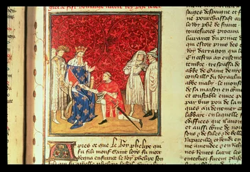 Walesin prinssi (Henry V 1387-1422) osoittaa kunnioitusta kuningas Kaarle VI:lle (1368-1422)
