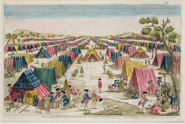Preussin armeijan leiri, piirretty elämästä Pommerin kentillä, kaiverrus Vale, n. 1750 (käsinvärinen kaiverrus)