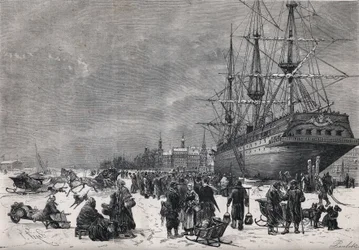 Preussilainen alus "Teutonia" Hampurin satamassa Saksassa. Ranskalaisia sotilaita pidettiin vankina vuoden 1870 sodassa. Kaiverrus "" Le Monde Illustré" -julkaisussa nro 743, 8. heinäkuuta 1871.
