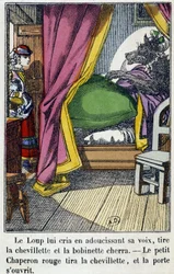Punahilkka astuu huoneeseen, jossa susi otti isoäitinsä paikan - "Punahilkka", toim. Pellerin, Epinal, n.d. 19.