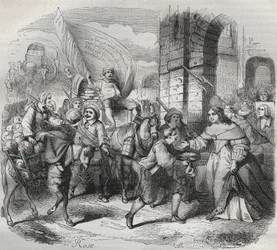 Gonessen paluu, Fronden jakso: "Pariisin nainen" toivottaa tervetulleeksi "Aubervilliersin rouvan" ja "Nouricier Gonessen", jotka tulivat toimittamaan häntä. Kaiverrus frondeuse 1649 - kaiverrus "Paris a travers les siecles" H. Gourdon de Genouillac