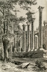Roomalainen teatteri, Besancon, 1800-luvulla, pastori Samuel G. Greenin teoksesta "French Pictures", julkaistu 1878 (litho)