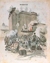 Bastilian piiritys ja valloitus 14. heinäkuuta 1789, koulun harjoituskirjan kansikuva, n. 1889 (värilitrokuvaus)