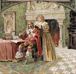 Beringhenin herra ja rouva du Fargis tekivät juonittelua Richelieua vastaan (Armand Jean du Plessis, Richelieun kardinaali (1585-1642), Ludvig XIII:n ministeri Azay-le-Rideaun linnassa (Azay le Rideau) (Indre-et- Loire). 19. päivän lopun kromolitografia