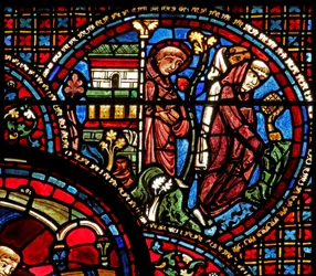 St Lubinin ikkuna: hän lähtee ulos kirkosta kahden munkin kanssa (w45)