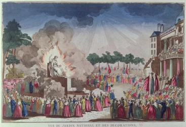 Ateismin patsas tuhotaan ja korvataan Viisauden patsaalla Korkeimman Olennon festivaaleilla, Jardin National des Decorations, Pariisi, 8. heinäkuuta 1794