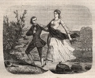 Sveitsiläinen filosofi Jean Jacques (Jean-Jacques) Rousseau (1712-1778) auttoi Mademoiselle Galleya ylittämään puron. Kaiverrus vuodelta 1871 Henry de Kockin (1819-1892) teokseen "Histoire Des Cocus Celebres".