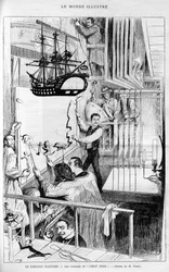 Teatteri havainnollistaa: Chat noirin kulissien takaa. Kaiverrus "Le monde illustrious", "" 1888.