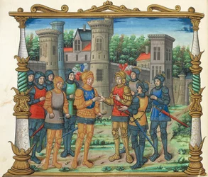 Conflansin sopimus (Conflansin rauha) Ludvig XI:n ja Burgundin herttuan välillä, miniatyyri Philippe de Comminesin muistelmista, käsikirjoitus folio 32 verso, Ranska 1500-luku.