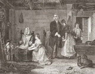 Wakefieldin kirkkoherra sovittaa vaimonsa Olivian kanssa Gilbert Stuart Newtonin maalauksen jälkeen. Histoire des Peintres, École Anglaise, julkaistu 1867 (litho)