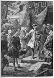Itävallan perintösota (1740-1748) - Yhdistyneiden maakuntien suurlähettiläät esittelevät itsensä ennen Ludvig XV:tä vuonna 1747 - Itävallan perintösota (1740-48) - Ludvig XV, Ranskan kuningas ja Alankomaiden suurlähettiläs - kaiverrus kohteesta ""