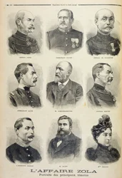 Zola Affair: muotokuvia tärkeimmistä todistajista, kuva Le Petit Journalin kuvitetusta liitteestä, 27. helmikuuta 1898 (litho)