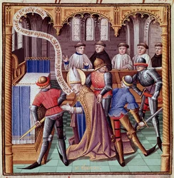 Thomas Becketin murha vuonna 1170 (Canterburyn pyhän Thomasin murha). Miniatyyri Vincent de Beauvais