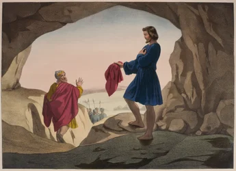 Josephin veren tahraama takki, kuvitus katekismuksesta LHistoire Sainte, julkaisija Charles Delagrave, Pariisi, 1800-luvun lopulla