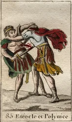 Veljekset Eteokles ja Polyneikes, Oidipuksen pojat, surmaavat toisensa. Pierre Blanchardin teoksesta "Mythologie de la jeunesse", 1803.